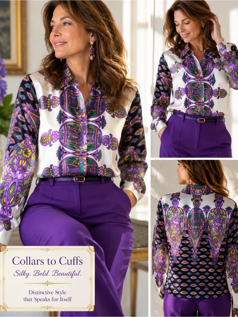 From Collars to Cuffs Mod Psychedelic Print Satin Finish Button Front Blouse M
